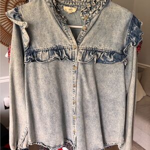 Entro Denim Ruffle Button Down Shirt